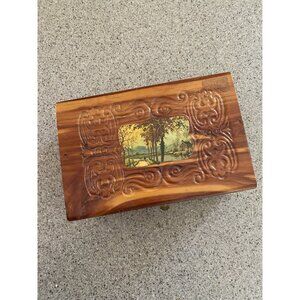 Vintage Carved Wooden Keepsake Footed Mirrored Jewelry Box with Wooded Scene
